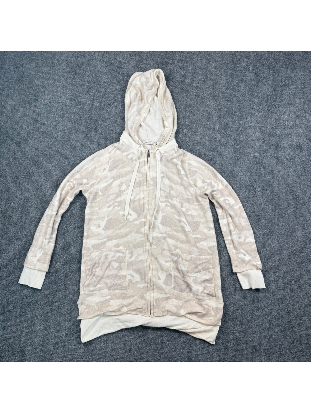 Ost Women's Beige Camouflage Zip-Up Hoodie with Hood and Front Pockets, Size S